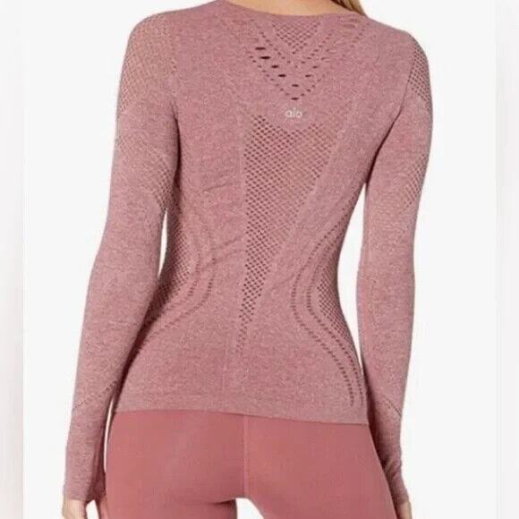Alo Yoga Lark Seamless Laser Cut Mesh Top Sz Small Long Sleeve Rosewood Stretch - Picture 13 of 13